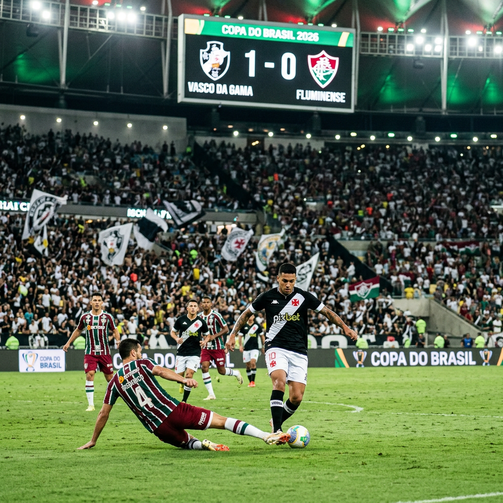 Soccer players from Vasco da Gama and Fluminense competing for the ball on the field with scoreboard showing 1-0