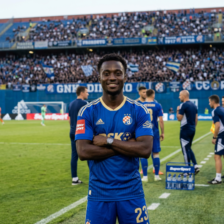 Soccer player in blue jersey number 23 smiling with arms crossed on a soccer field